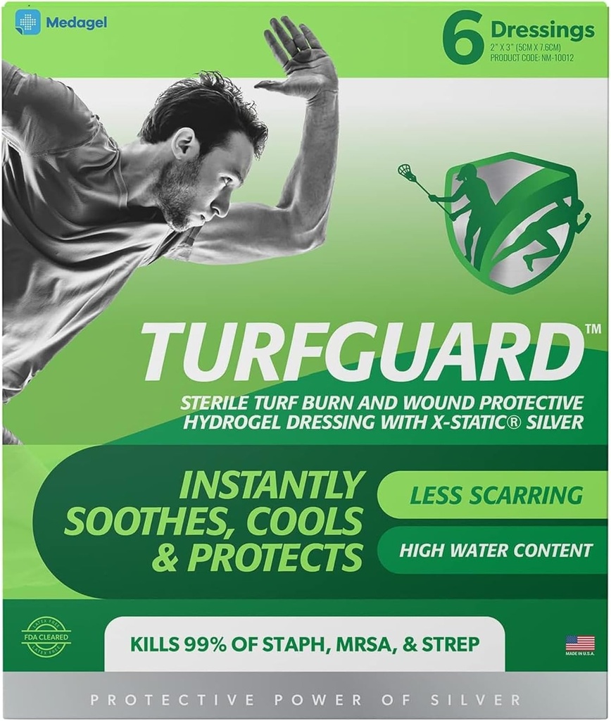 TURFGUARD Hydrogel Turf Burn Dressing con X-Static Silver – Cooling Relief, FDA Cleared, Antimicrobial Protection, & Moist Healing Patch for Burns & Wounds, 2" x 3" Dressings, 6 Pack, da Medagel