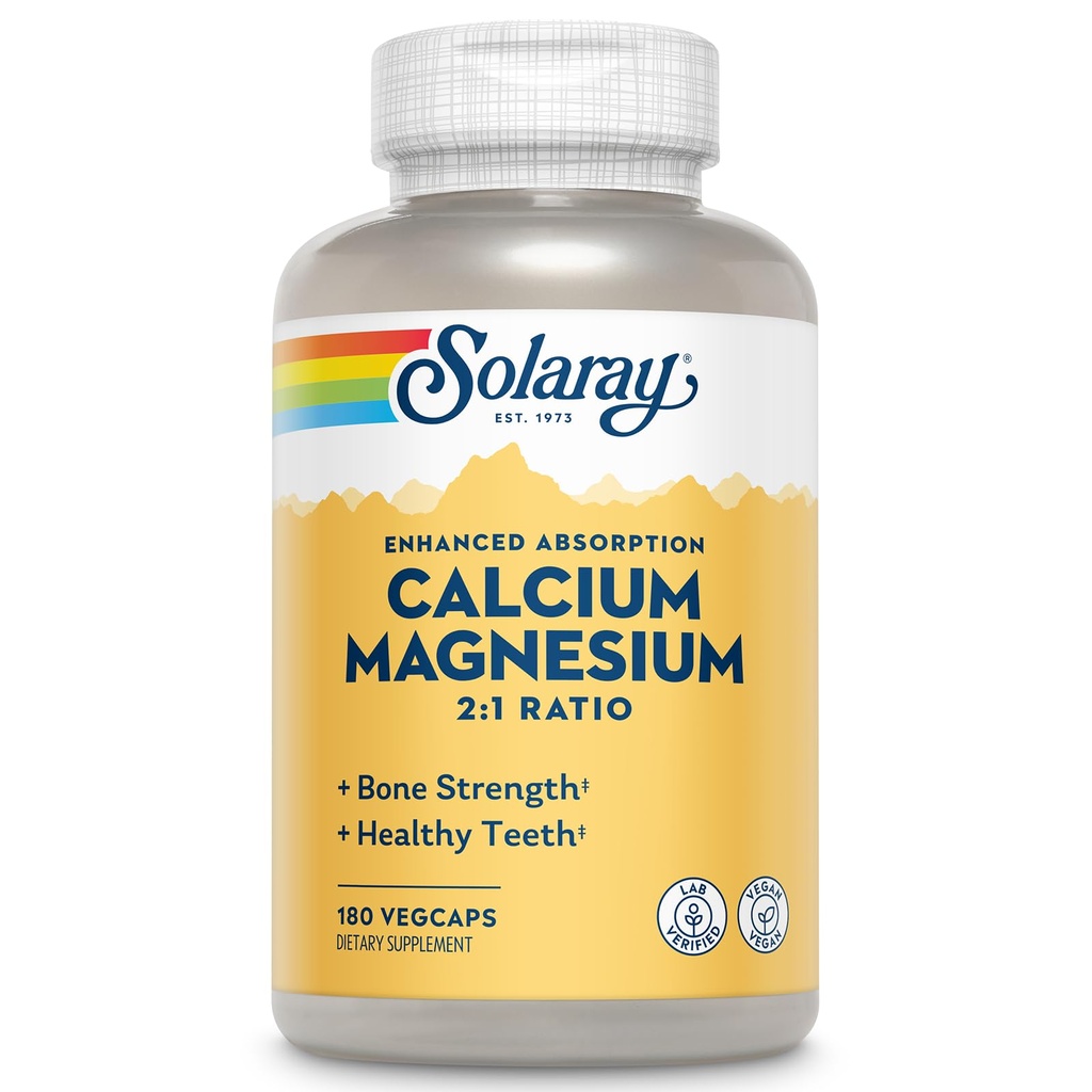 SOLARAY Calcium Magnesium Supplement, Magnesium & Calcium Ergänzungen für Frauen und Männer, 2:1 Ratio, Knochen Gesundheit & Stärke, Vegan, hohe Absorption, 60-Tage Garantie, 45 Servietten, 180 VegCaps