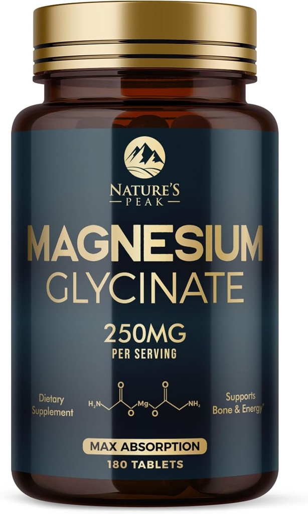 Magnesium Glycinate Chelat für Max Absorption - unterstützt Knochen, Muskeln, Nerves & Heart Health, Nature's Sleep and Stress Support, Beste Magnesium Supplement Pillen für Ganzkörperunterstützung - 180 Tabletten