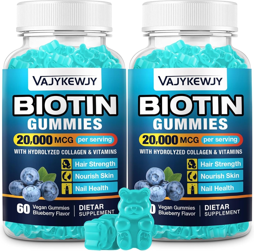 2 Pack Vegan Biotin Gummis für Haare, Haut und Nägel - 20.000 mcg pro Servieren, Geeignet für Damen & Herren - 120 Gummis