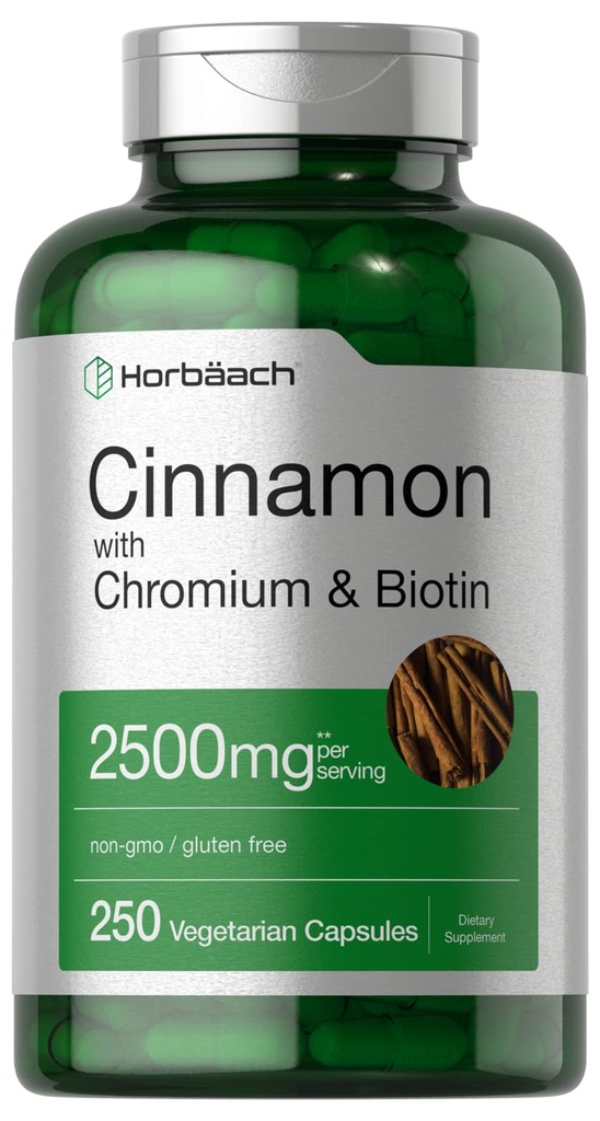 Horbäach Cinnamon mit Chromium Picolinate 2500mg | 250 Kapseln | Plus Biotin | Vegetarisch, Non-GMO, Glutenfrei