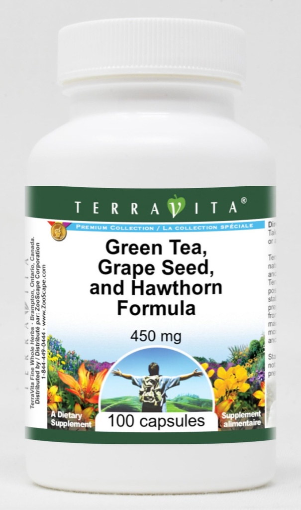 Support à haute pression artérielle - Thé vert, graines de raisin et épines - 450 mg (100 capsules, ZIN: 517080)