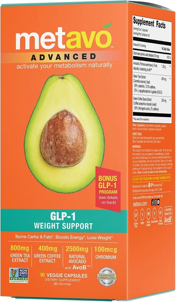 Metavo Advanced Weight Support – Integratori naturali con Nutrienti essenziali per la promozione del benessere, arricchiti con Avocados, The verde, Chromium & Green Coffee, 90 Pillole di dieta Easy-to-Swallow