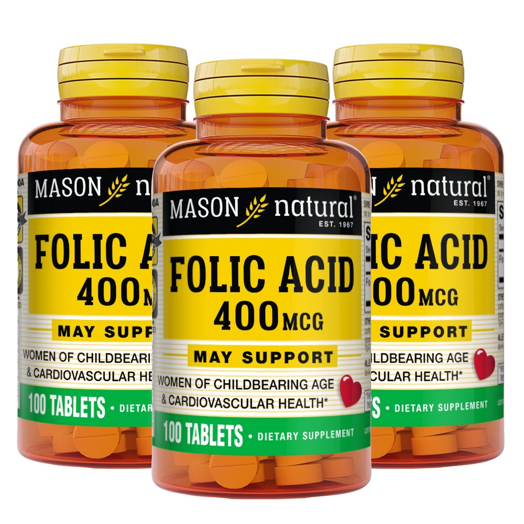 Mason Natural Folic Acid 400 mcg, Daily Supplement for Health, Mood and Prenatal Care, for Women of Childbearing Age, 100 Tablets (Pack of 3)