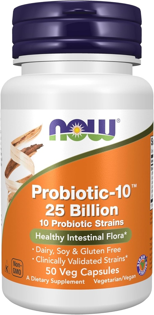 JETZT Nahrungsergänzungsmittel, Probiotic-10TM, 25 Billion, mit 10 Probiotischen Strainen, Dairy, Soy und Gluten frei, Strain Verified, 50 Veg Kapseln