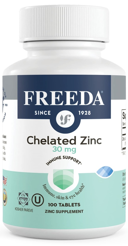 Freeda Chelat Zink 30mg – TRAACS® Zinkbisglycinat für hohe Absorption – Vegan, Kosher, Gentle on Stomach – Immununterstützung für Erwachsene, Männer & Frauen – 100 Tiny Tablets
