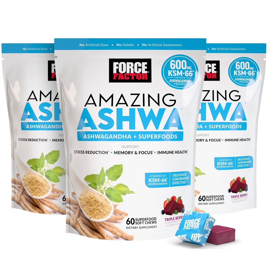 FACTEUR DE FORCE Amazing Ashwa for Stress Relief, Memory, Focus, and Immune Support Health, Ashwaganda Supplément avec KSM-66 Ashwagandha for Stress, 180 Soft Chews