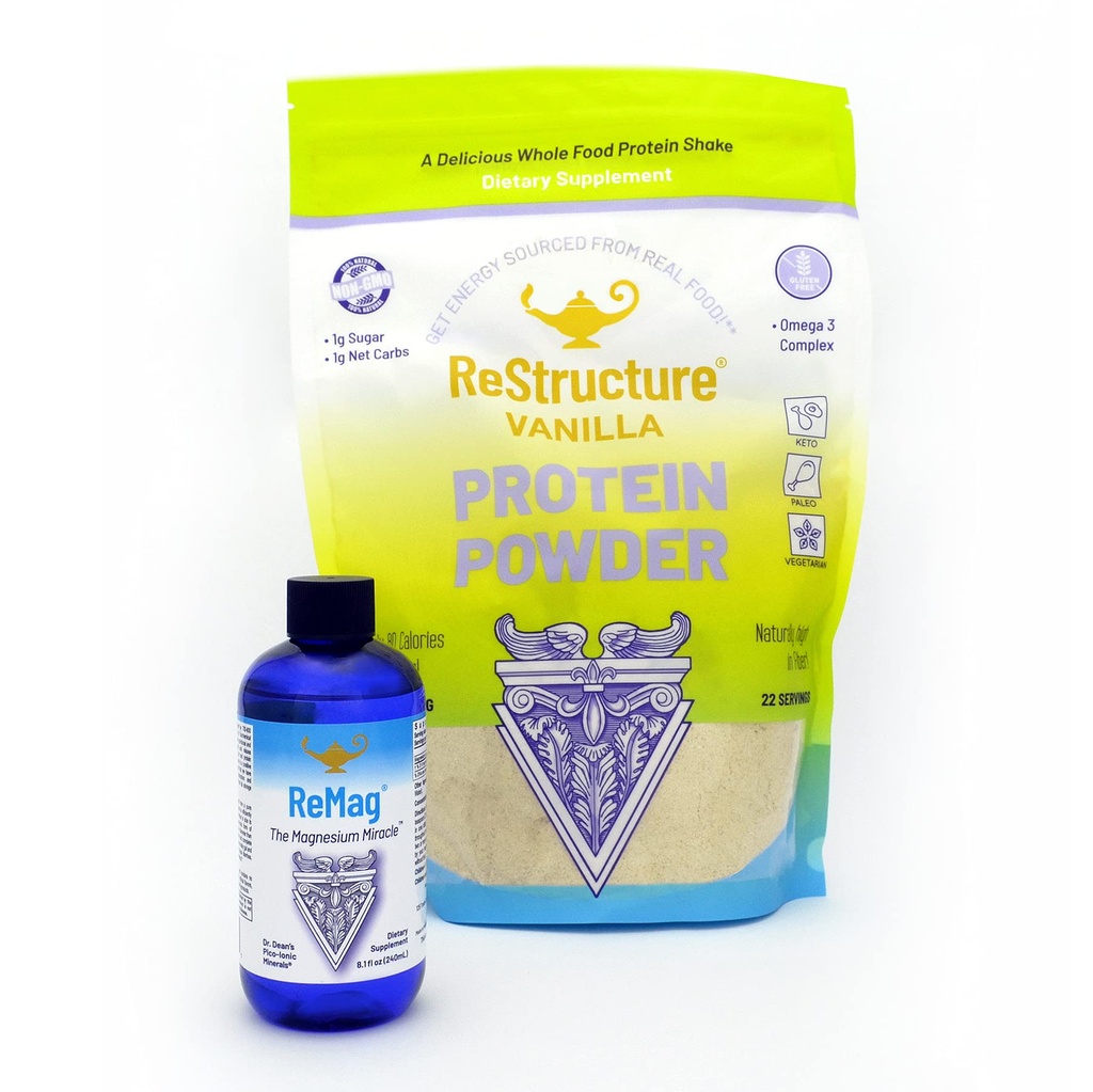 RnA ReSet Performance Bundle – ReMag Liquid Magnesium 8.1oz & ReStructure Vanilla Whey Protein 594g, Muscle Recovery & Fitness Support (2 formule)