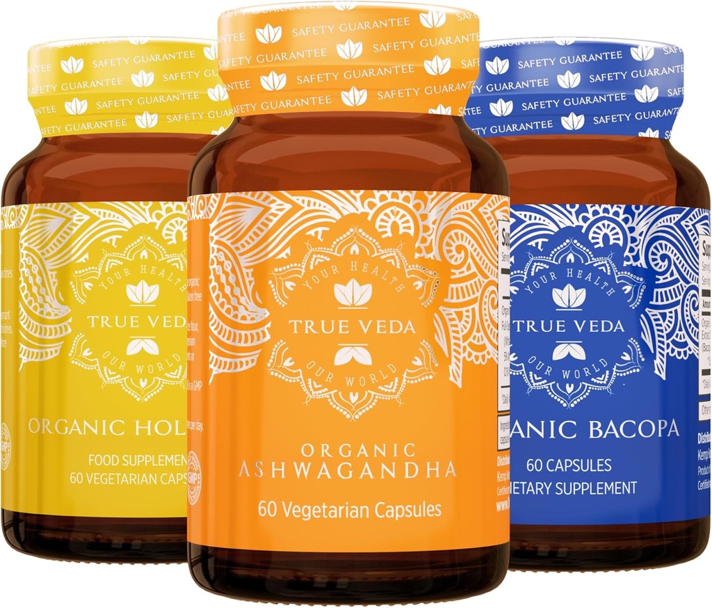 True Veda Relaxation Bundle USDA Organic | Multi-Award-Winning | Ashwagandha KSM-66® | Heilige Basilikum mit Vitamin B6 | Bacopa Monnieri Kapseln