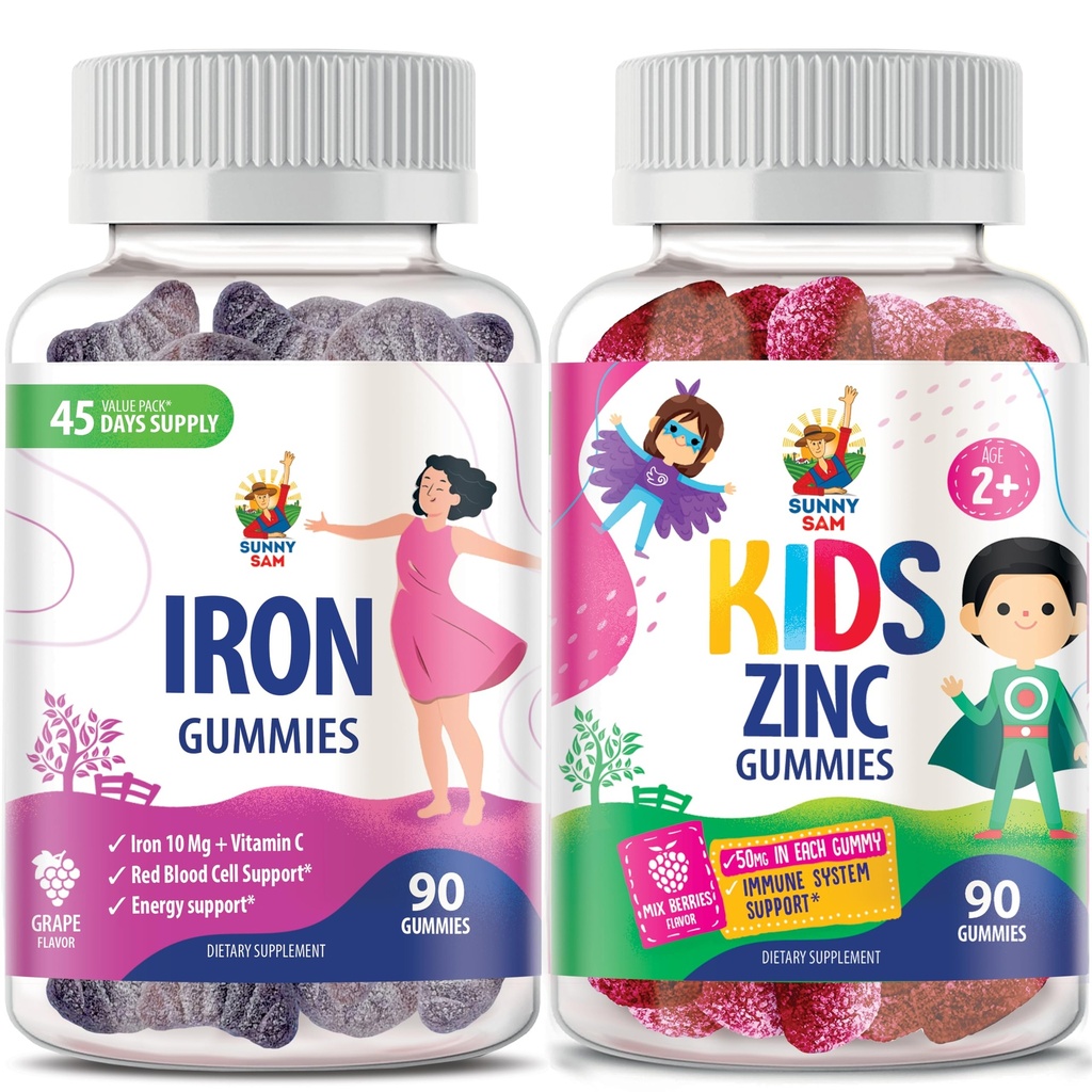 SUNNY SAM Zink Gummi für Kinder & Eisen Gummi für Erwachsene, Eisen Vitamine mit Vitamin C