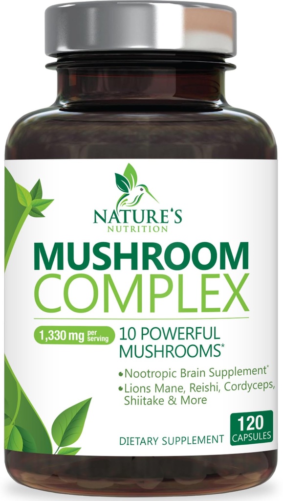Mushroom Brain Supplemento 1330 mg - 10 in 1 Complesso di funghi ad alta resistenza con Lions Mane, Tail Turchia, Reishi, Cordyceps, Chaga & Brain Nootropic Complex per la memoria & Focus Support - 120 capsule
