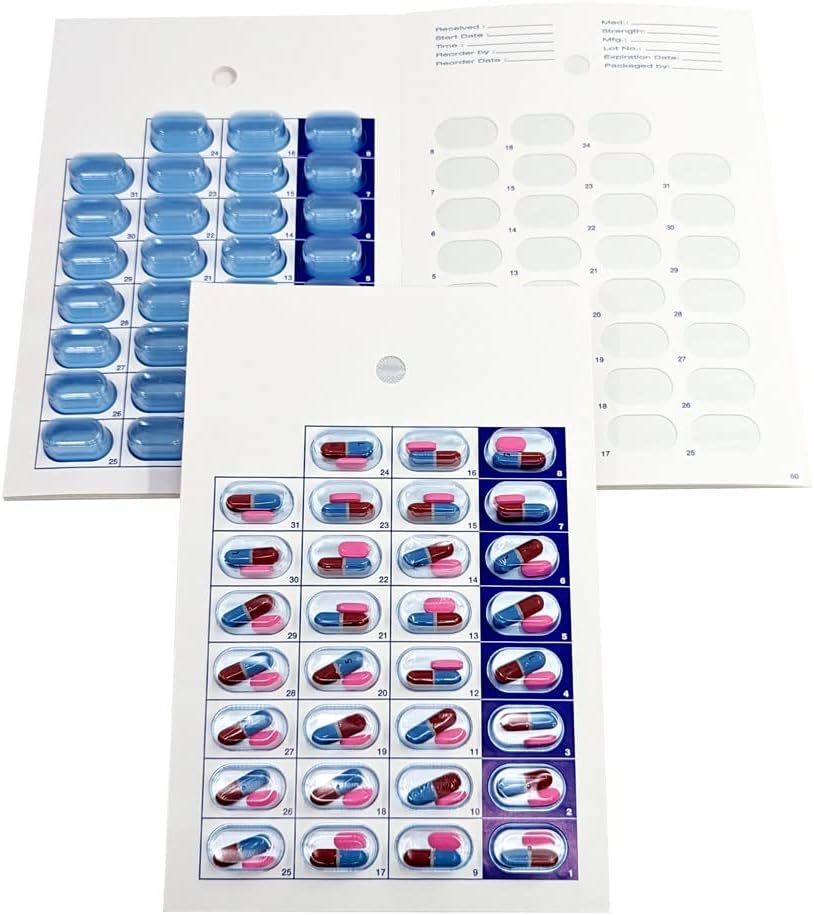 Monatliche Pille Organizer Kaltsiegel Medikamente Blister Cards – DIY Pharmacy Pill Verpackung für Medikamente, Einweg, einfach zu bedienen, einfach füllen und Seal (31 Day-6 Packs)
