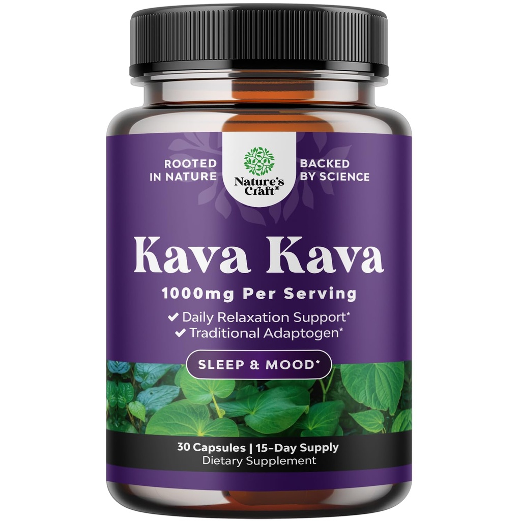 Kava Kava Root Extract Supplement 1000mg - Fast Actionn Herbal Support avec Kavalactones pour l'humeur équilibrée - Détendez les capsules calmantes pour le stress et mieux dormir - 15 portions