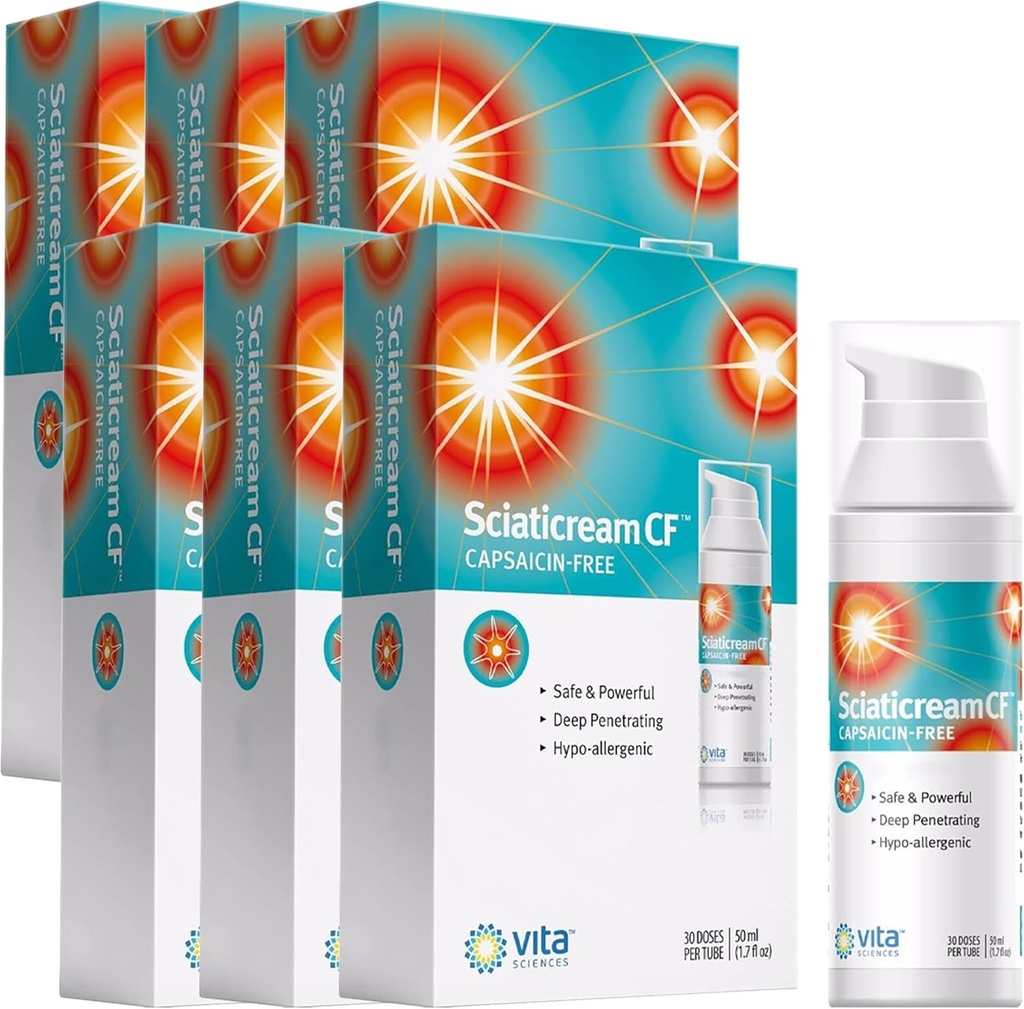 Vita Sciences Sciaticream CF: Crème apaisante rapide pour la nerve sciatique avec Arnica, B1, B5, B6, MSM, Aloe et base d'huile de coco. Capsaicin-FREE. Formule apaisante à action rapide - Pack de 6