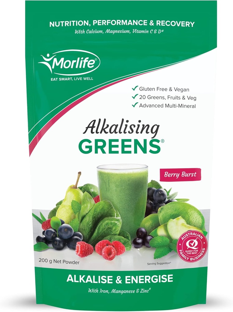 Morlife Alkalising Greens Powder Supplement, Berry Burst, 20 Super Greens, Frutta e Verdura, Pre & Probiotics, Minerali di Alkalizing chiave, Formula Superfood vegetariana, 7 oz, 20 Serve