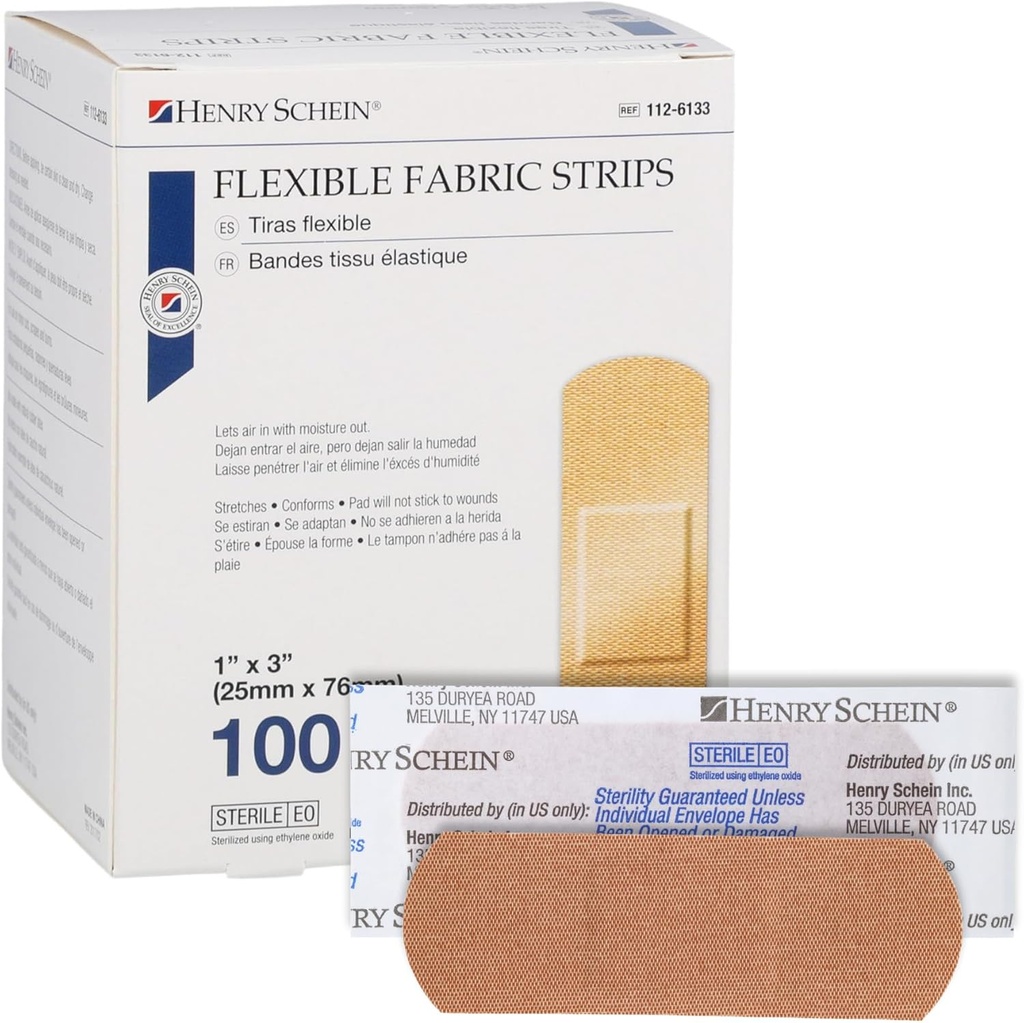 Henry Schein Sterile Adhesive Fabric Bandages, 1" x 3" – Scatola di 100 strisce flessibili e traspirante – Coperture in tessuto morbido e allungabile per il primo soccorso, uso medico, cliniche e kit di emergenza