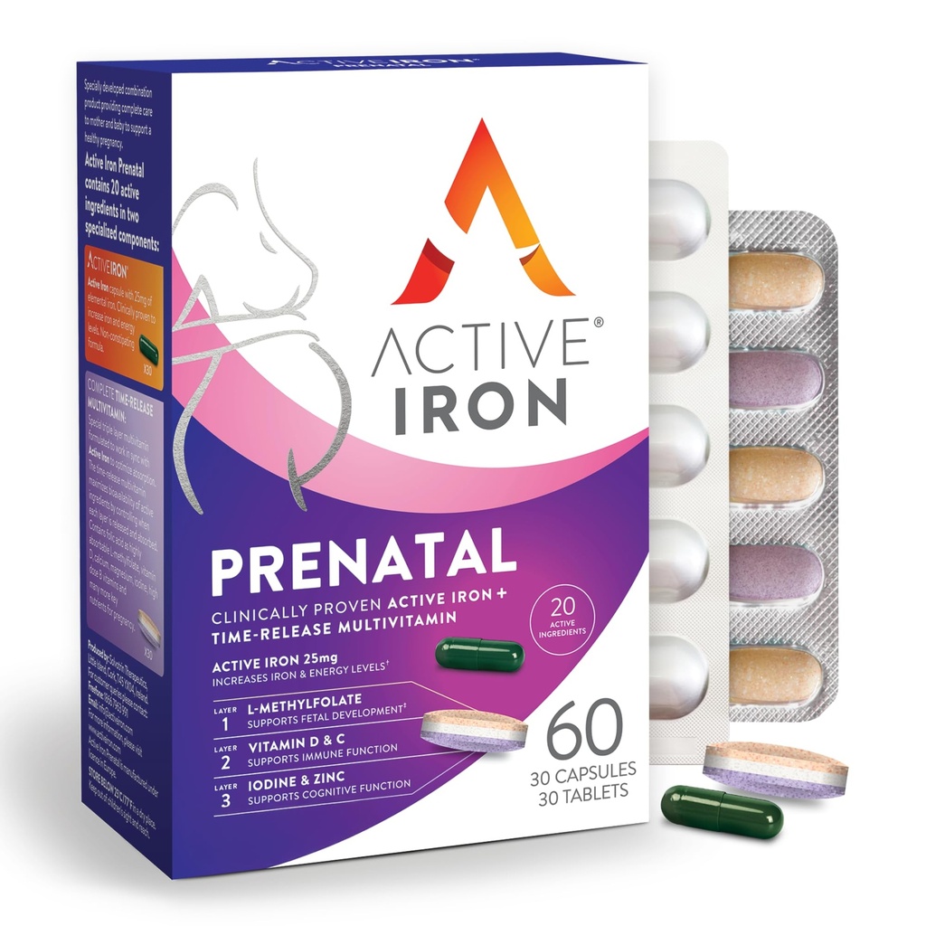 Prenatale di ferro attivo, Supplemento di ferro + Vitamine prenatali per le donne, 30 capsule non costipanti + 30 multivitaminici di rilascio di tempo, gravidanza, allattamento al seno & postpartum Essentials