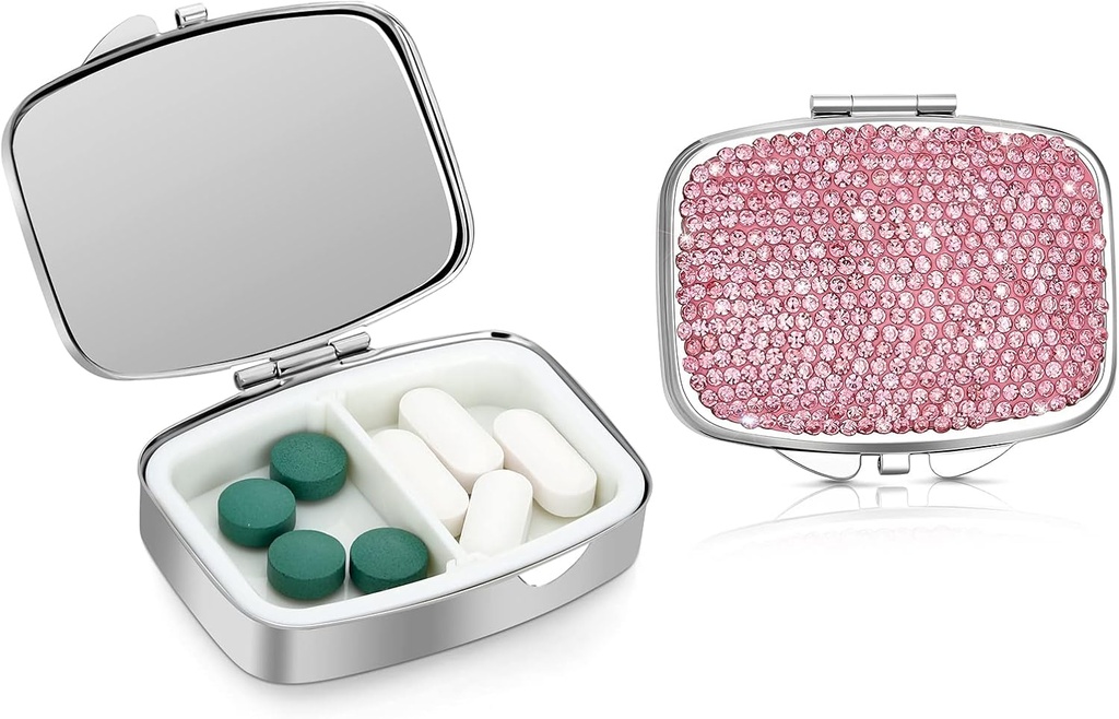 Boîte à pilules en cristal Soleebee Bling, Portable 2 compartiments Organisateur quotidien de pilules, petite coque de pilules de voyage pour la chasse ou la poche, organisateur de contenants de pilules de vitamine de médecine (pink)