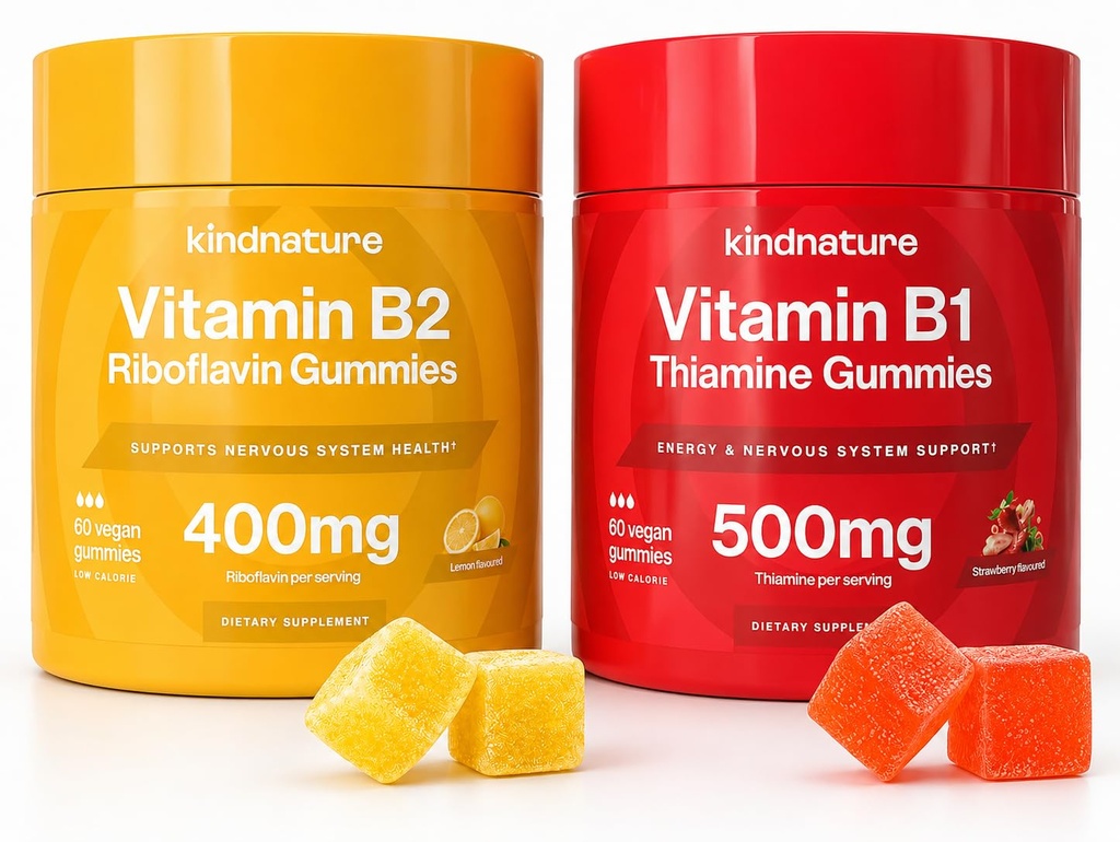 B-Vitamin Boost: B1 Thiamine 500mg & B2 Riboflavin 400mg Gummy Duo per bambini e adulti