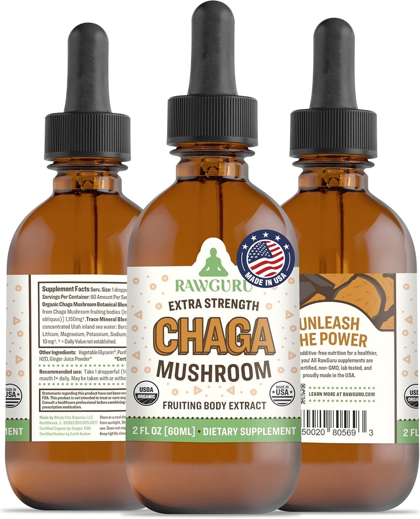 RawGuru Chaga Mushroom Supplement - Vegan Chaga Mushroom Extract with Trace Minerals - Nano-Processed Immunity Boost & Cognitive Supplement Tincture - 60 Serve di Vegan Drops per 60 ml, Confezione da 1