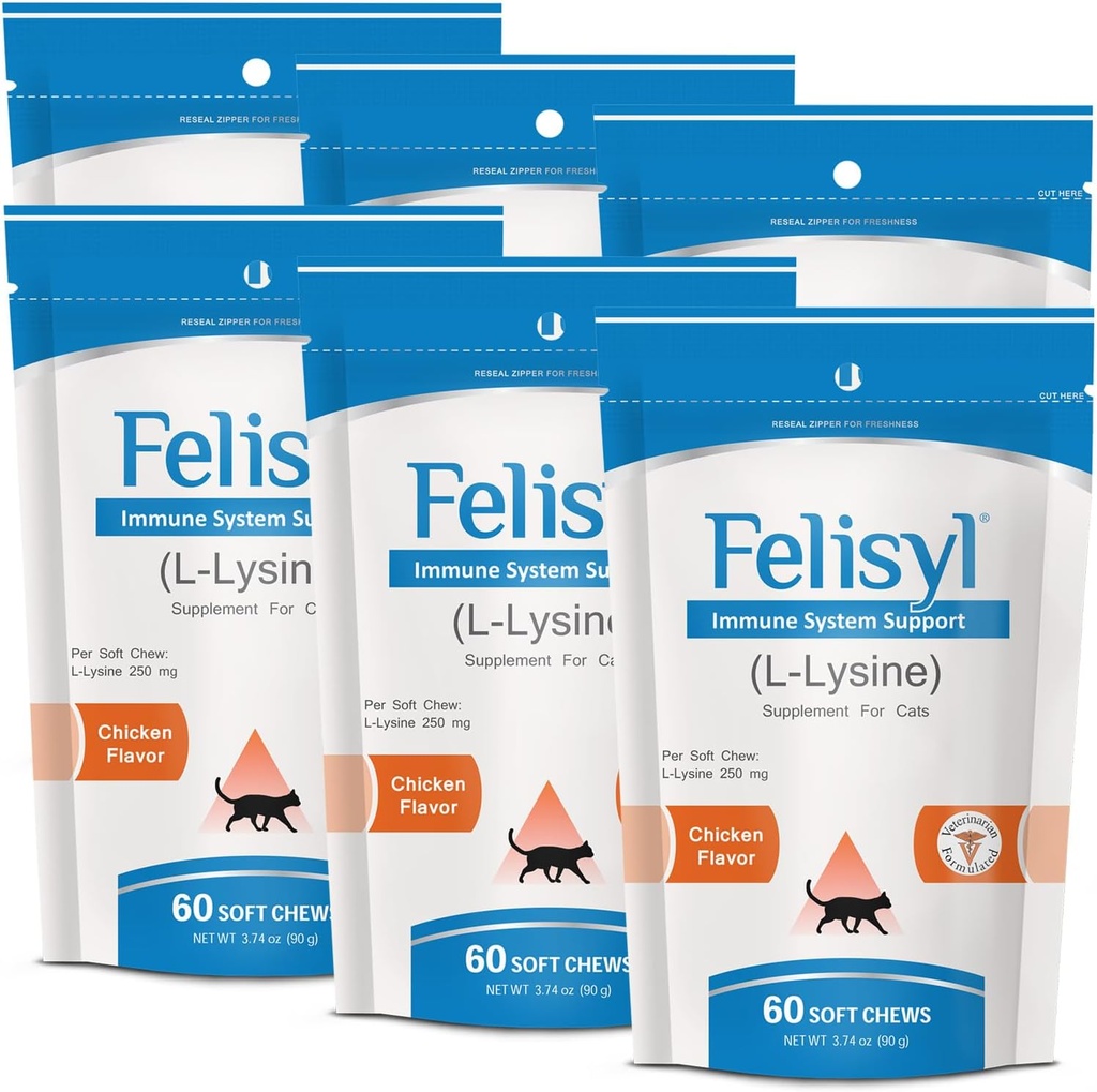 L-Lysine Soft Chews pour chats (60 Soft Chews) – soutient la santé immunitaire, respiratoire et oculaire. Éternuement, nez runny et yeux aqueux. Saveur de saumon - (6 paquets)