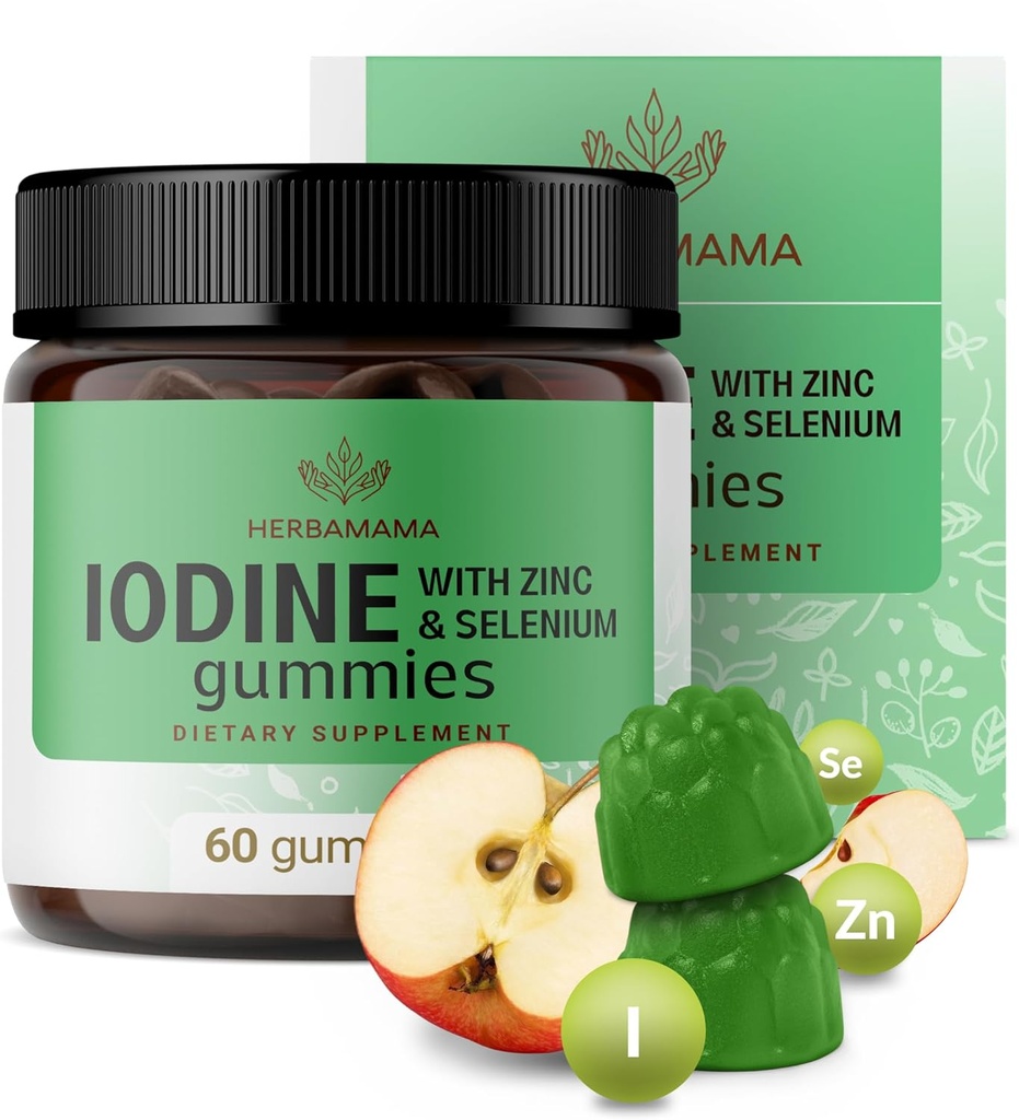 HERBAMAMA Iodine Gummies - Potassium Iodine, Zinc & Sélénium pour la défense immunitaire et le soutien du cerveau - Vegan, Supplément de soutien immunitaire non-OGM - 60 Pectines à base de pommes