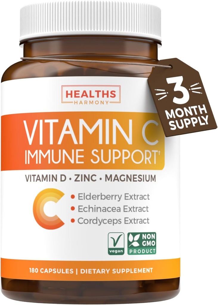 Vitamin C Immununterstützungsergänzung - Immune Boost Blend mit Elderberry Vitamin C und Zink für täglichen &amp; jahreszeitlichen Support - Magnesium Zink VIT C & D und Kräuter Defense Complex (3 Monate Versorgung)