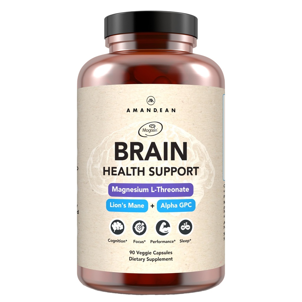 AMANDEAN Brain Supplement. Supporto cognitivo nootropico per memoria, messa a fuoco, chiarezza. Magnesio L-Threonate (Magtein), Lion's Mane Mushroom Extract, Alpha GPC Choline Complex.