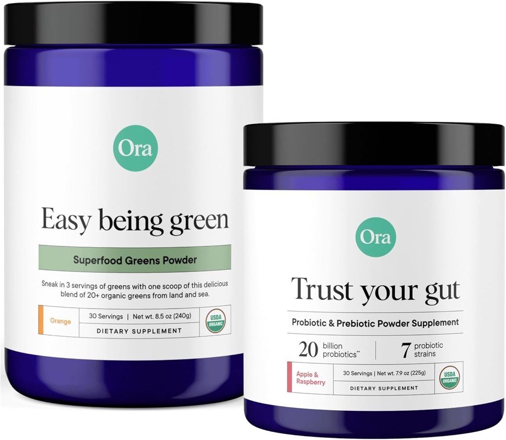 Ora Organic Prebiotic & Probiotic Powder & Greens Powder Bundle: 20 Billion Probiotic, Apple & Raspberry Flavor, 30 Servierungen & 20+ Superfood Greens Blend - Citrus Flavor, 30 Servietten