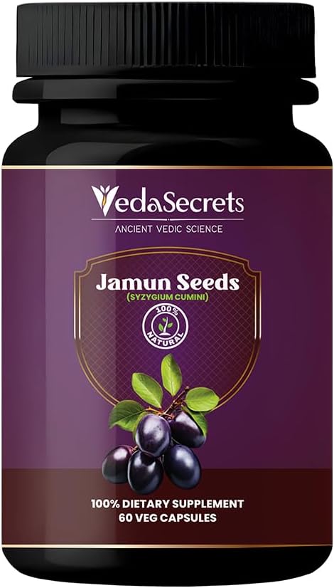 Jamun (Blackbarry) Capsule 60 Count | Syzygium Cumini | Realizzato con polvere naturale di semi di Jamun | Integratore di erbe | Alimenti ayurvedici | Supporto digestivo e benessere