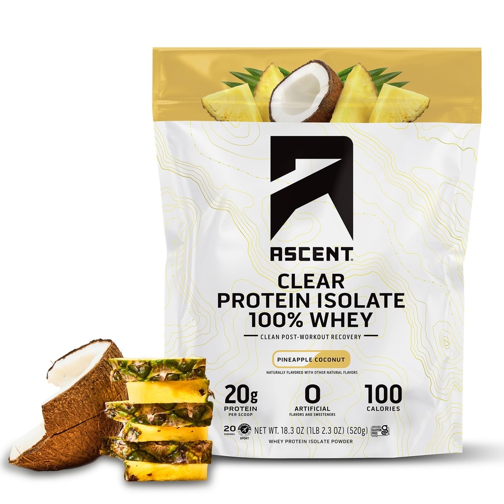 Ascesa 100% Polvere di proteine del siero chiaro - Isolato di proteine del siero post-allenamento, aromi e dolcificanti artificiali zero, senza glutine, 5.5g BCAA, 2.1g Leucina, aminoacidi essenziali, cocco di ananas, 20 Serv