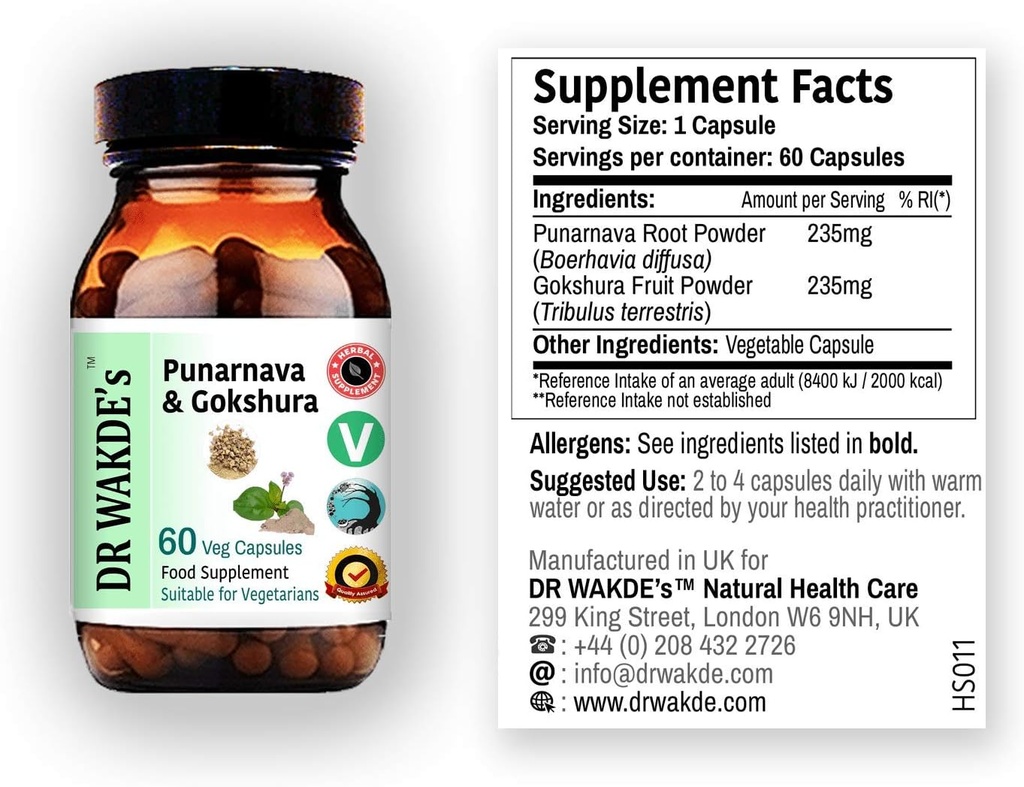 DR WAKDE's Punarnava & Gokshura Capsules (60 Veg Caps, fördert gesunde Urinary Flush, Ayurvedic Supplement, Vegan, Kräuter, All Natural, Made in UK)