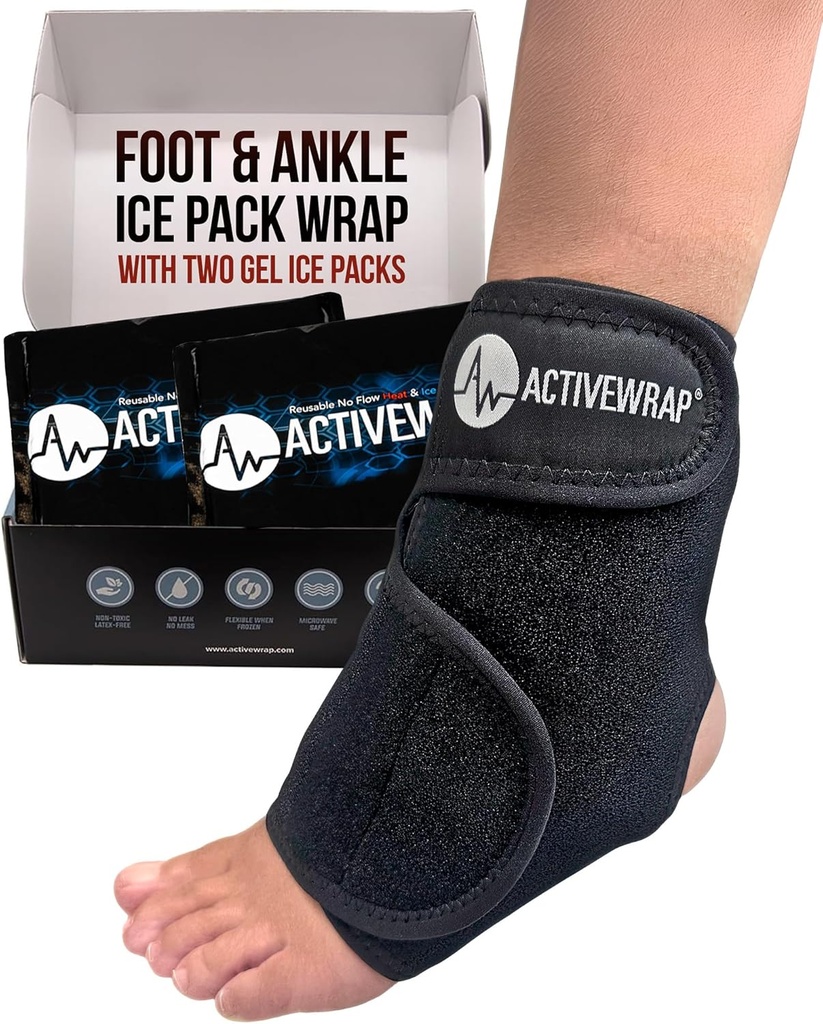 Enveloppe de pack de glace de pied et de cheville active pour le talon, l'arche et la cheville Décomfort, gonflement, douleur et rétablissement des blessures – Enveloppe réutilisable chaude et froide avec des bandes de compression réglables