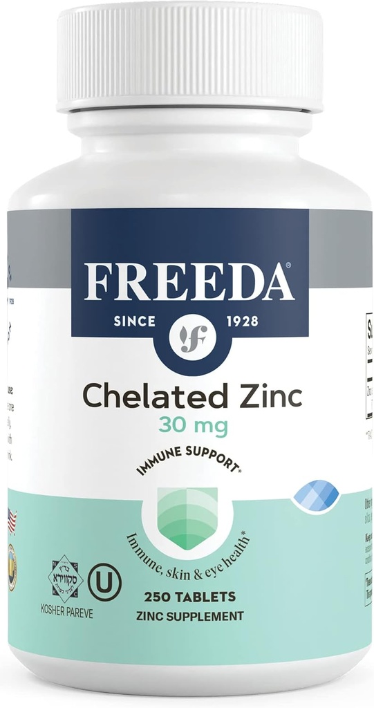 Freeda Chelat Zink 30mg – TRAACS® Zinkbisglycinat für hohe Absorption – Vegan, Kosher, Gentle on Stomach – Immununterstützung für Erwachsene, Männer und Frauen – 250 Tiny Tablets