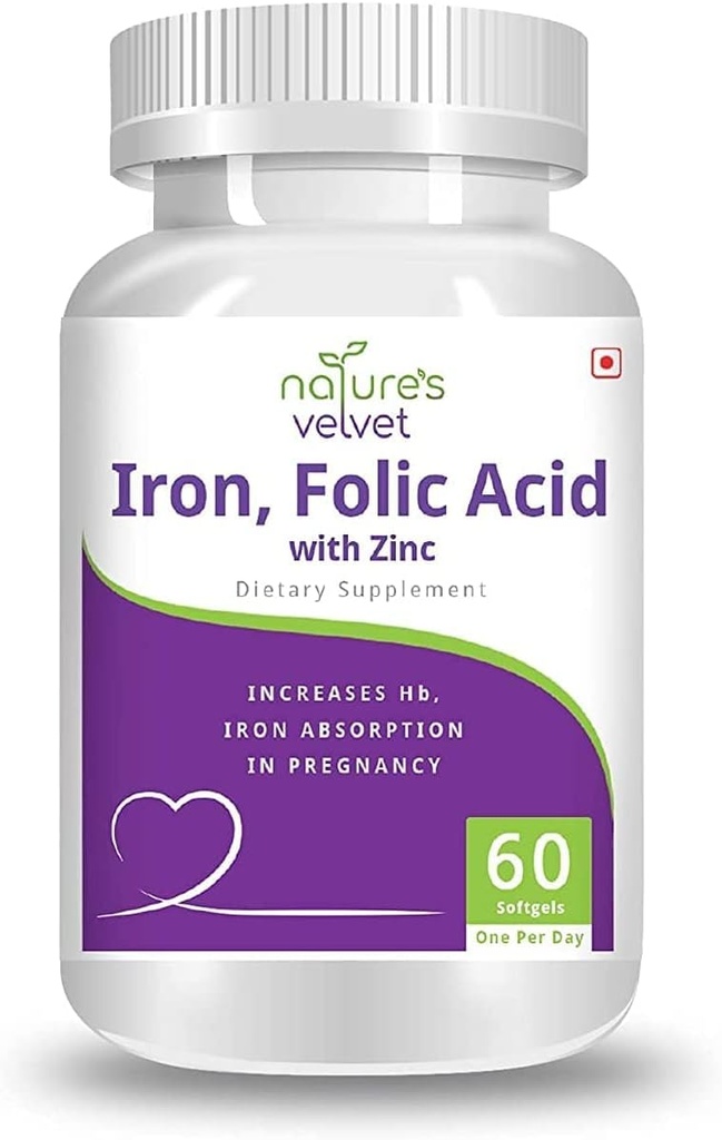 AZAZ Natures Velvet Lifecare Iron & Acido Folico con Zinco,per Supplemento in Gravidanza, 60 softgels