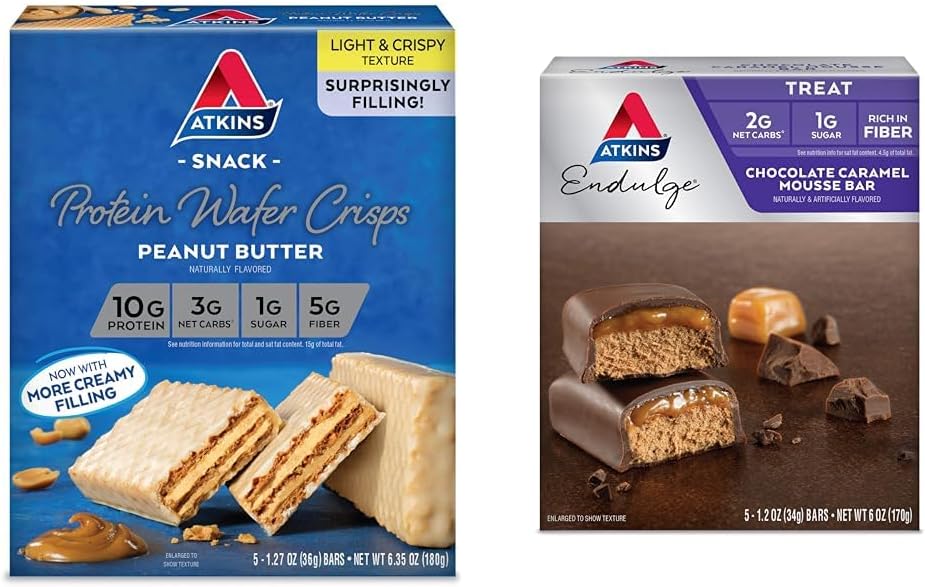 Atkins Peanut Butter Protein Wafer Crisps 5 Graf und Schokolade Caramel Mousse Bars 5 Graf Bundle