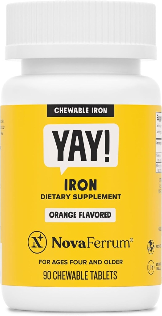 NovaFerrum Yay: Supplément de fer à mâcher pour les enfants et les adultes 4 ans et plus: 18mg de fer: 90 portions sans sucre: Vegan: Sans gluten: Orange Saveur