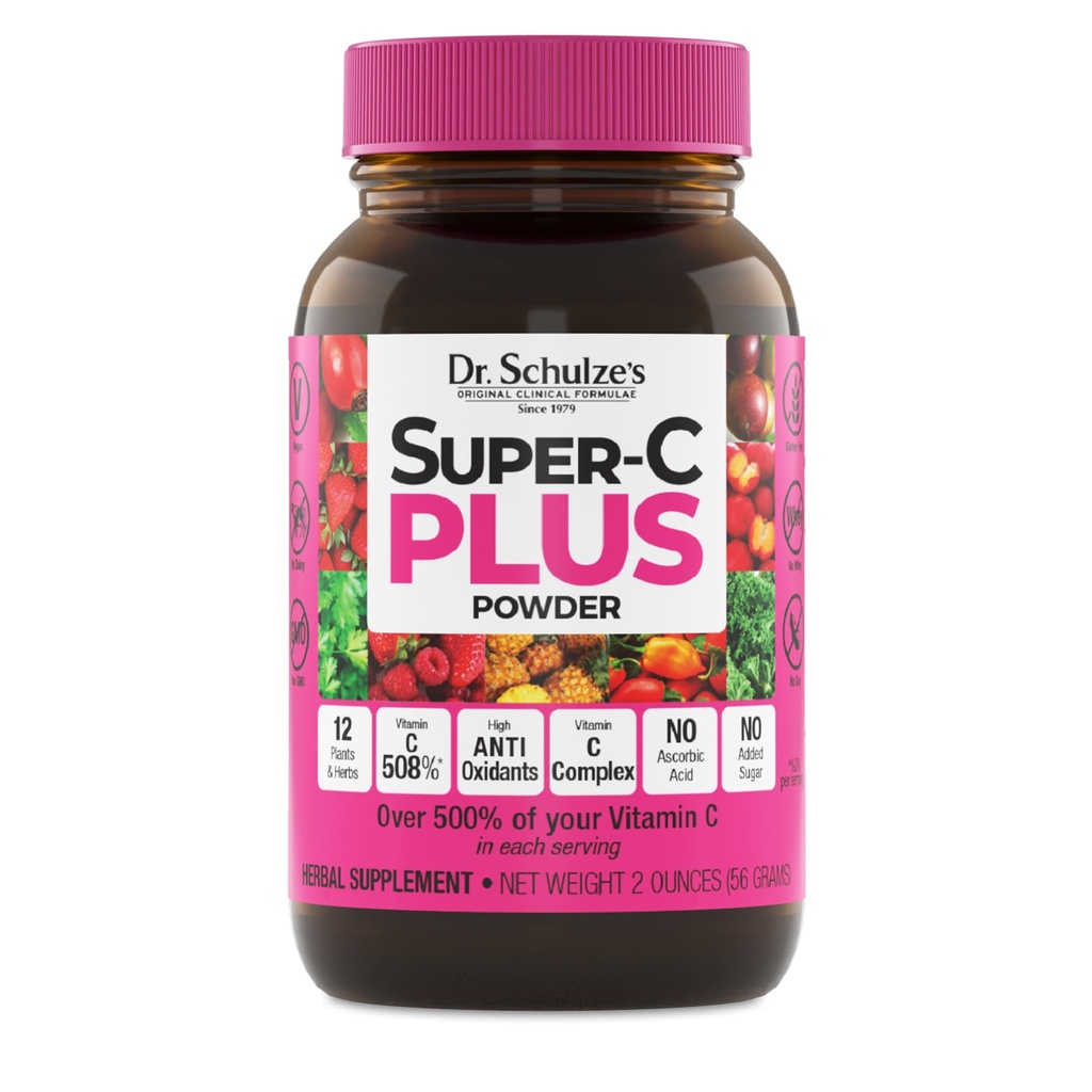 Dr. Schulze's Super-C Plus - Vitamina C Supplemento per il supporto immunitario - Skin Health & Antioxidant Support - Formula ad alta potenza - Superfood a base vegetale - Gluten-Free & Vegan - 2 oz (20 Serve)