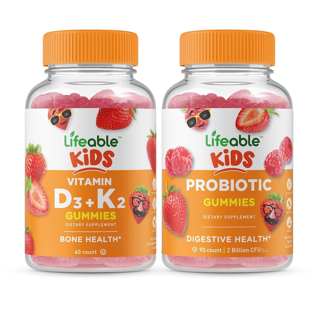 Lebensfähiges Vitamin D3 + Vitamin K2 Kids + Probiotic 2 Billion CFU Kids, Gummis Bundle - Große Verkostung, Vitamin Supplement, Glutenfrei, GMO frei, Kaugummi