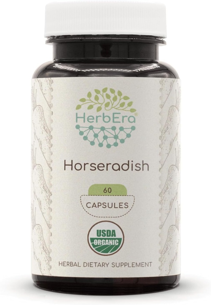 HerbEra Horseradish USDA Organic 60 Kapseln | Natürliche Kräuterergänzung | Certified Organic Vegetarian Capsules and Organic Horseradish (Armoracia rusticana) Getrocknete Wurzel (60 Kapseln)
