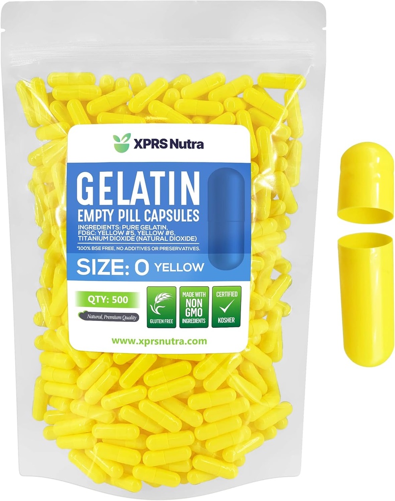 XPRS Nutra Größe 0 Leere Kapseln - 500 Zählen farbige leere Gelatine Kapseln - Pillen DIY Ergänzung Kapsel Füllung - Füllbare Farbe Gel Kapseln Pillen für Do-It-Yourself-Ergänzungen (gelb)