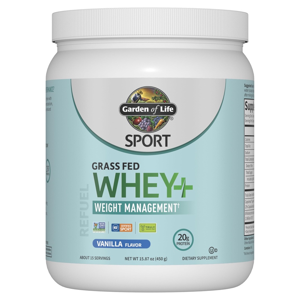 Jardin de la vie Sport Whey Plus Gestion du poids avec Amino Energy - 20g d'isolat de protéines herbeuses pour les femmes et les hommes - Poudre de vanille - avec Capsimax, 2 milliards CFU Probiotiques, environ 15 portions
