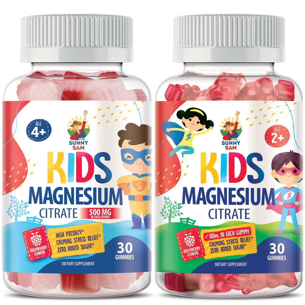 SUNNY SAM Magnesium Gummi für Kinder - 100mg und Magnesium Gummi für Kinder 500mg. Magnesium Kaugummis - Magnesium Citrat Kaubare Ergänzung für Mood & Muskelunterstützung