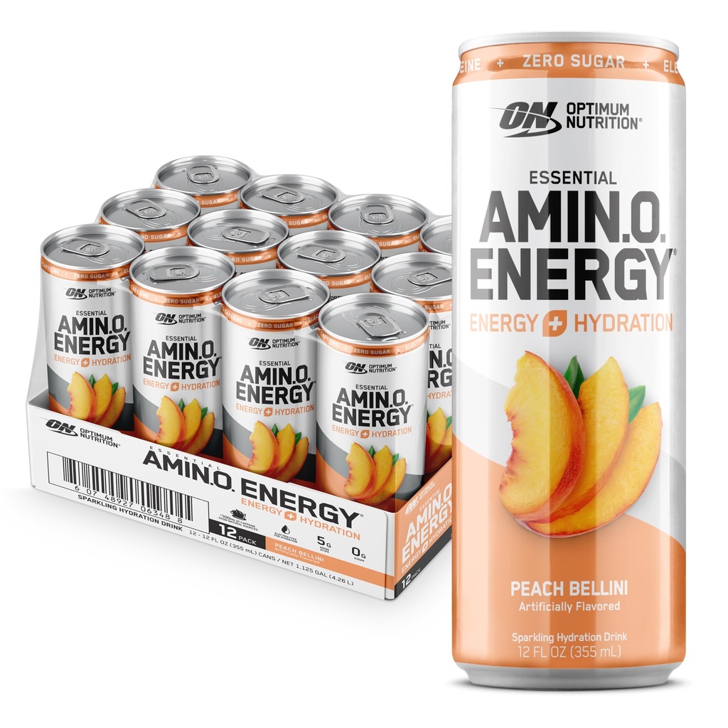 Optimum Nutrition Amino Energy Sparkling Hydration Drink, Electrolytes, Caffeine, Amino Acids, BCAAs, Sugar Free, Peach Bellini, 12 Fl Oz, 12 Pack (Packaging May Vary)