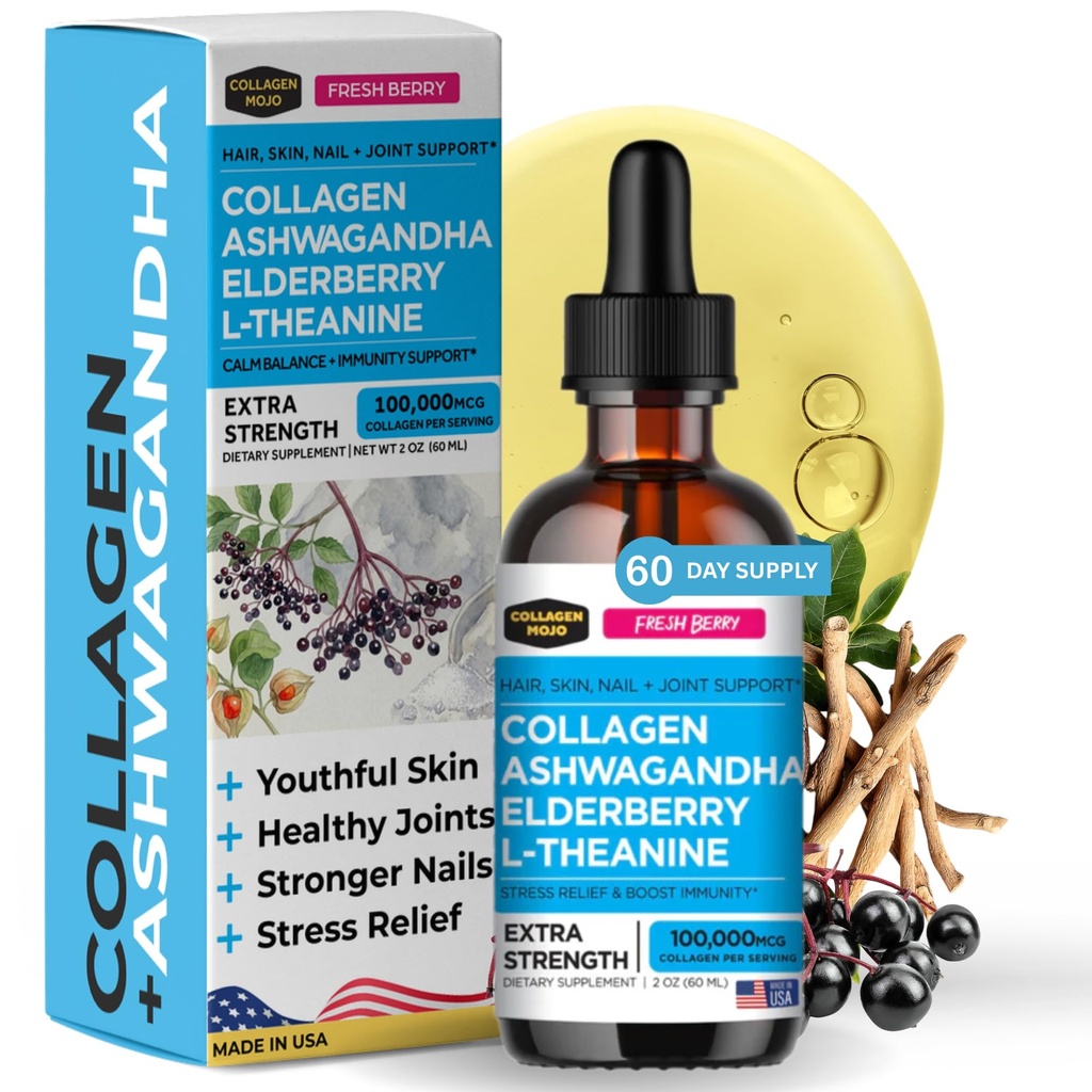 Collagen Mojo - Collage liquido per le donne e gli uomini, Peptidi di collagene con Ashwagandha, Elderberry & L-teanina - Capelli, Pelle, Unghie, Supporto Joint & Stress, Alto assorbimento - 100.000mcg, 2 Oz