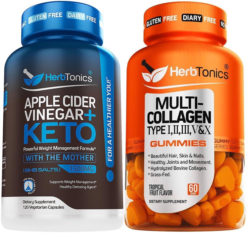 Estratto di aceto di sidro di mele erbitonici Plus Keto BHB | Bruciatore grasso & perdita di peso Supplemento per le donne & uomini - Multi Collagen Gummies Tipo 1,2,3,5 & 10 con Biotina per la crescita dei capelli, pelle, unghie