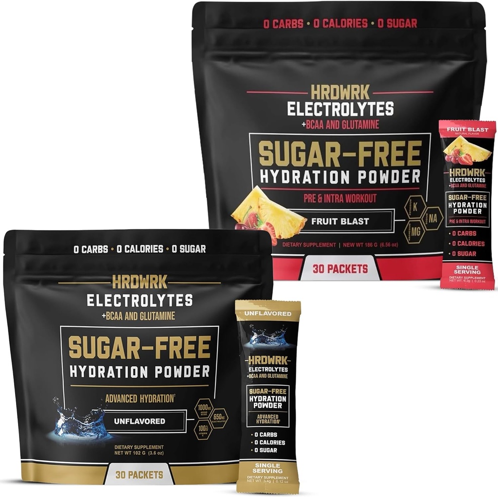 HRDWRK Elektrolytpackungen für Hydration Variety Bundle mit Magnesium, Kalium-Natrium, BCAAs und Glutamin, | Keto Elektrolyte Pulver ohne Zucker, Unflavored & Fruit Blast (60 Count)