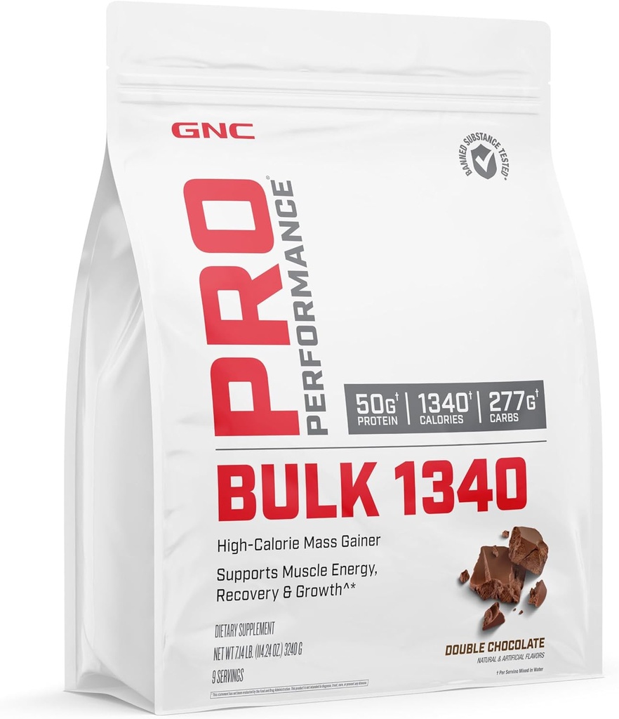 GNC Pro Performance Bulk 1340 Mass Gainer Protéines Poudre, 50g, Sans gluten, Whey, Créatine, BCAA, 3ème partie testée, Récupération et croissance musculaires, Micronutriments, Double chocolat, 9 portions