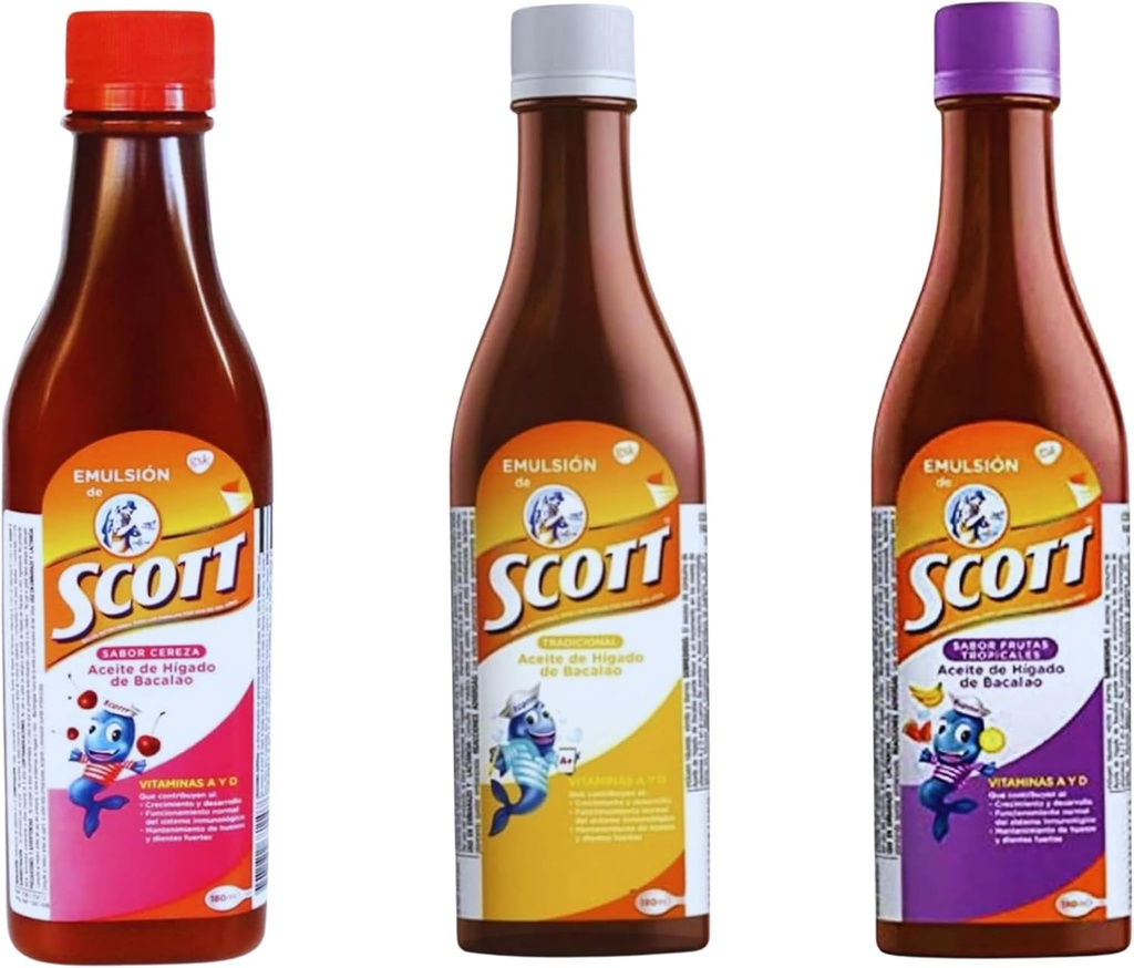 Emulsión de Scott 3 Pack Combo – Huile de foie de morue (charbon, cerise, arômes de fruits tropicaux) - 180ml Chaque