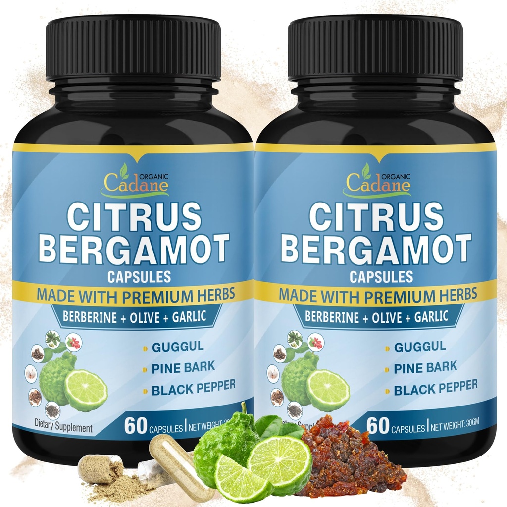 Cadane 2 pacchetti Citrus Bergamot Estratto di capsule con Berberina, Olive, Guggul, Aglio, Pine Bark, Pepe Nero | 4 mesi di fornitura